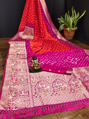 Orange and pink color bandhej silk saree with meenakari weaving work
