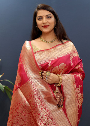 Magenta color banarasi silk saree with zari weaving work