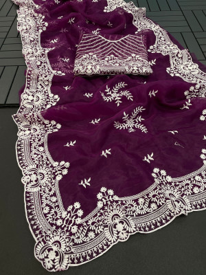 Magenta color organza silk saree with embroidery work