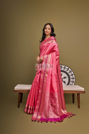 Pink color tussar silk saree with bandhani weaving work