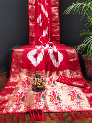 Red color soft dola silk saree with shibori print & zari weaving work