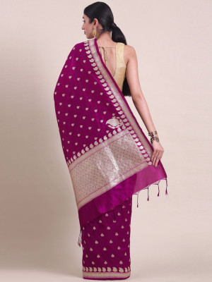 Magenta color banarasi cotton silk saree with floral woven motifs