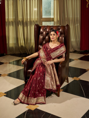 Maroon color soft silk saree with zari weaving work