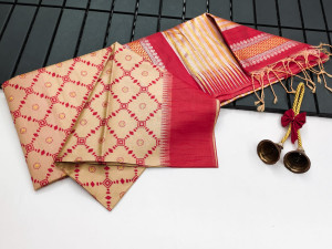 Beige color handloom raw silk saree with korvai temple border