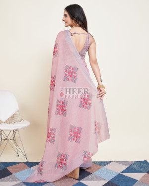 Baby pink color cotton silk saree with printed work