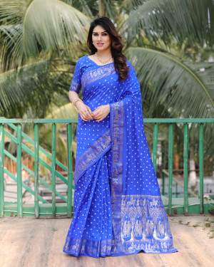 Royal blue color hand bandhej saree with zari weaving work