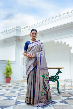 Gray color paithani silk saree with zari weaving work