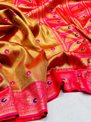 Orange color soft tissue paithani silk saree with zari weaving work