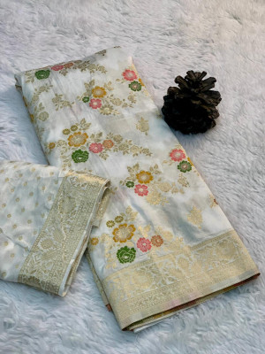 White color soft banarasi silk saree with menakari weaving work