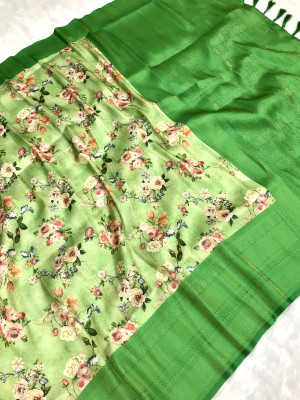 Pista green color softy silk saree with zari weaving & digital printed work