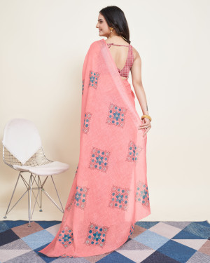 Peach color cotton silk saree with printed work