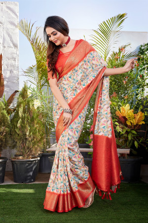Red color dola silk saree with digital printed work