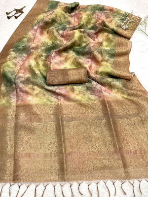 Mustard yellow color chanderi silk saree with zari weaving work