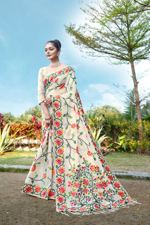 Off white color soft jamdani cotton saree with woven design