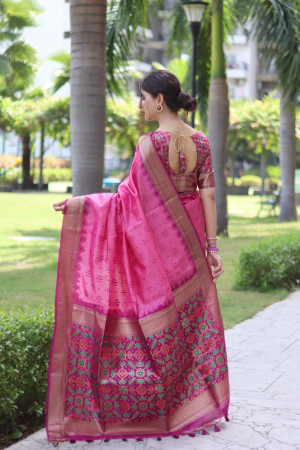 Pink color tussar silk saree with weaving work