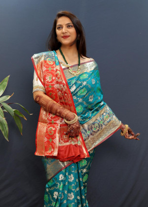 Rama green color soft patola silk saree with zari weaving work