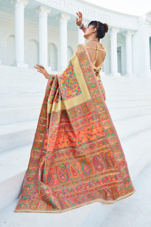 Cream color soft pashmina saree with woven design