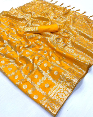 Yellow color soft dola silk saree with zari weaving work