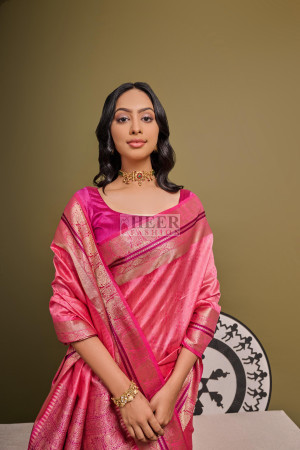 Pink color tussar silk saree with bandhani weaving work