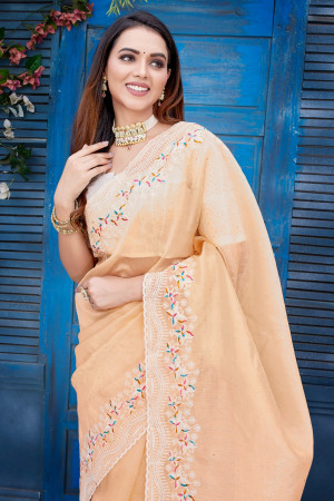 Cream color organza silk saree with diamond and embroidery work
