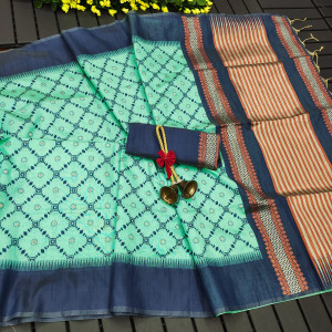 sea green color handloom raw silk saree with korvai temple border