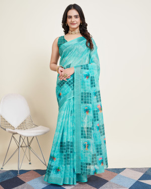 Sky blue color soft cotton saree with printed work