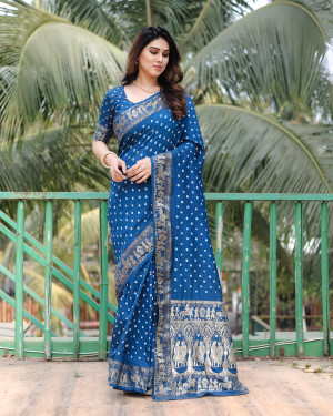 Blue color hand bandhej saree with zari weaving work