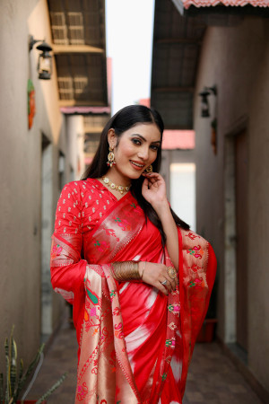 Red color soft dola silk saree with shibori print & zari weaving work