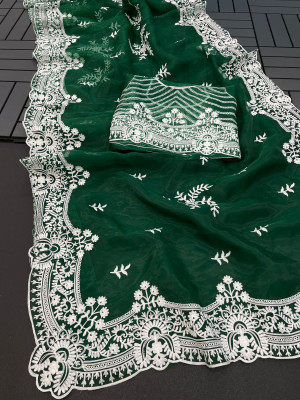Green color organza silk saree with embroidery work
