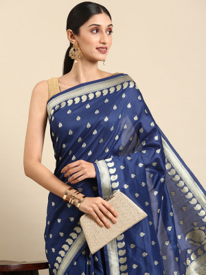 Navy blue color banarasi cotton silk saree with zari weaving work