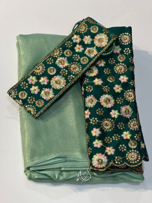 Sea green color chiffon saree with coding embroidery & sequence work blouse