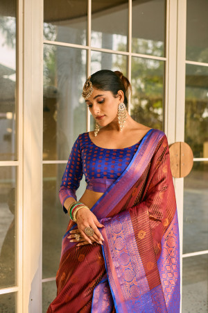 Brown color kanjivaram silk saree with woven design