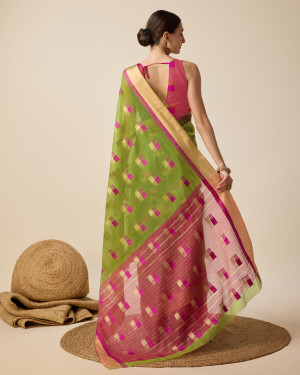 Mahendi green color cotton silk saree with weaving work