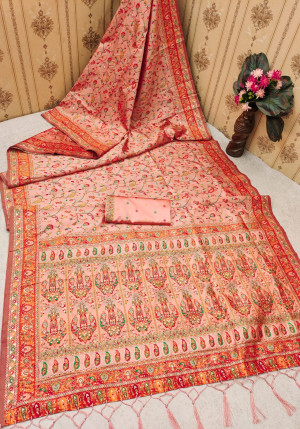 Peach color pashmina silk saree with weaving work