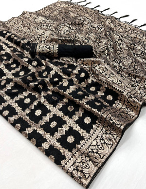 Black color soft dola silk saree with zari weaving work