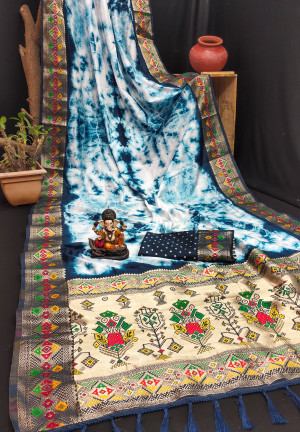 Firoji color dola silk saree with sibori printed work