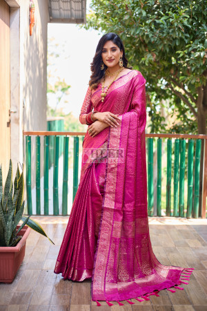 Rani pink color kanchipuram silk saree with zari weaving work