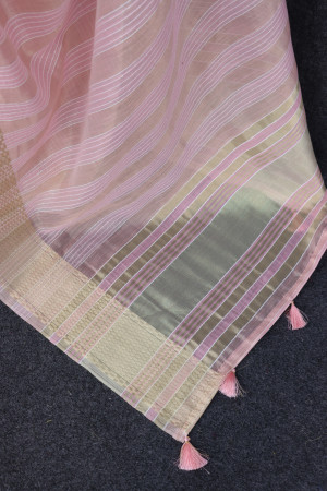 Baby pink color tussar silk saree with zari weaving work