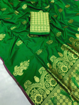 Green color soft lichi silk saree with zari weaving work
