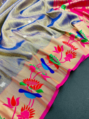 Blue color soft tissue paithani silk saree with zari weaving work