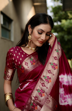 Magenta color soft dola silk saree with shibori print & zari weaving work