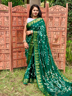 Dark green color soft bandhani saree with hand bandhej printed work