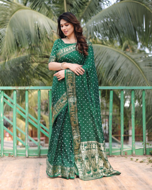 Green color hand bandhej saree with zari weaving work