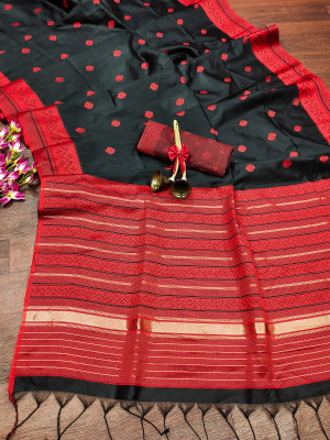 Black color soft raw silk saree with weaving work