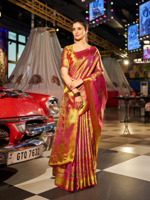 Gold color kanchipuram silk saree with zari weaving work