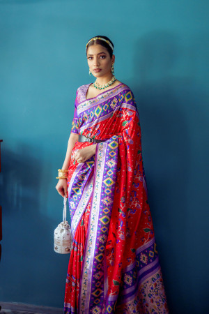 Red color soft paithani patola silk saree with zari weaving work