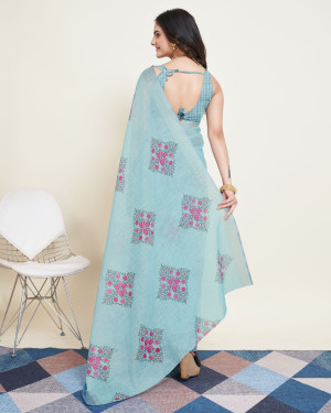 Sky blue color cotton silk saree with printed work