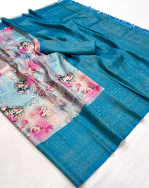 Firoji color soft kanjivaram silk saree with digital printed work