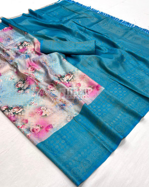 Firoji color soft kanjivaram silk saree with digital printed work