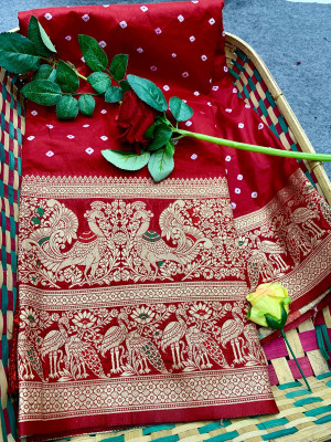 Red color bandhej silk saree with meenakari weaving work